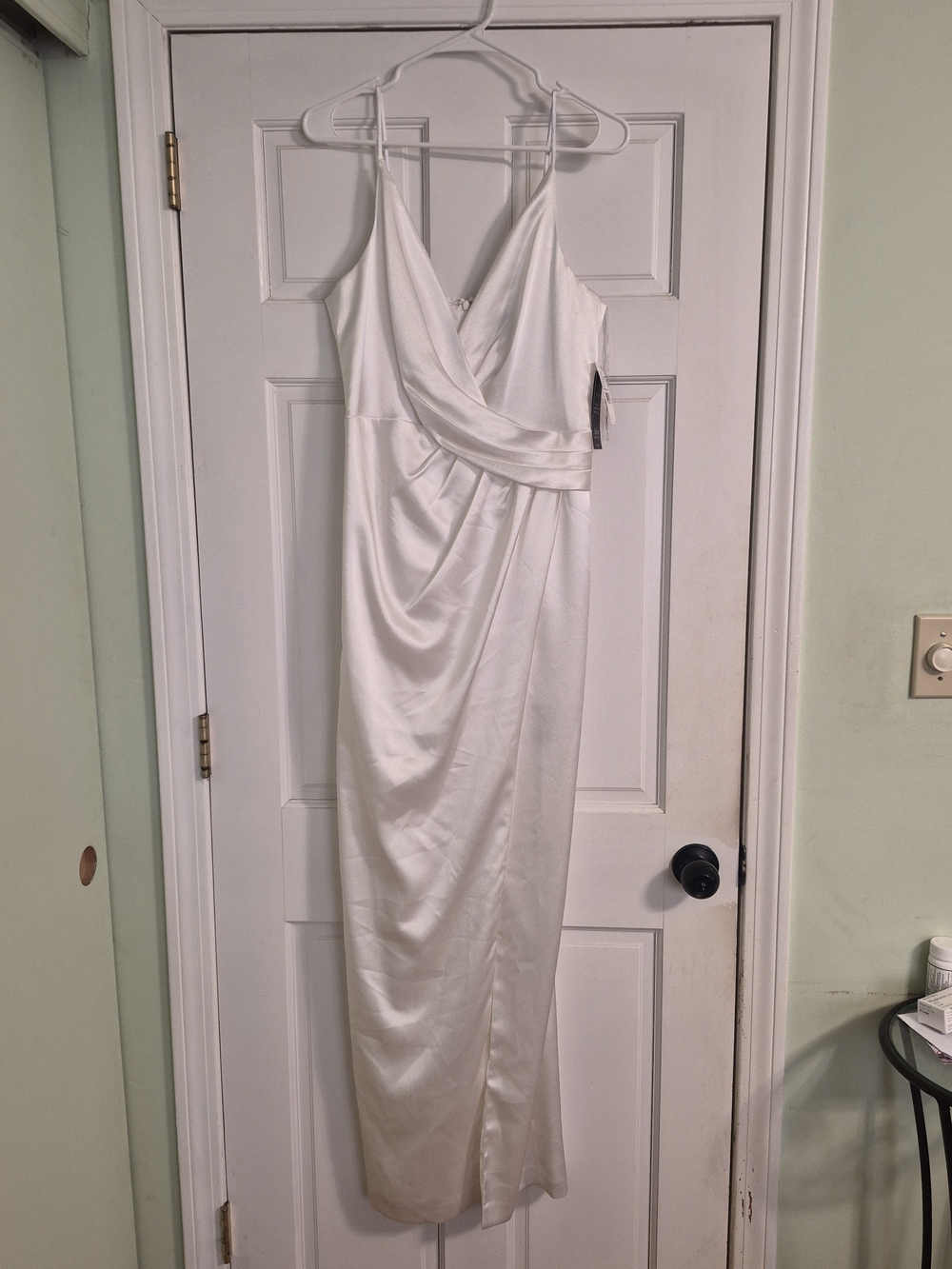 Aidan Mattox White Satin Draped Maxi Dress